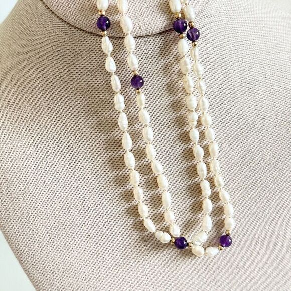 Vintage Genuine Freshwater Pearls 14K Gold Amethyst Beaded Strand Necklace 32" - Picture 7 of 10
